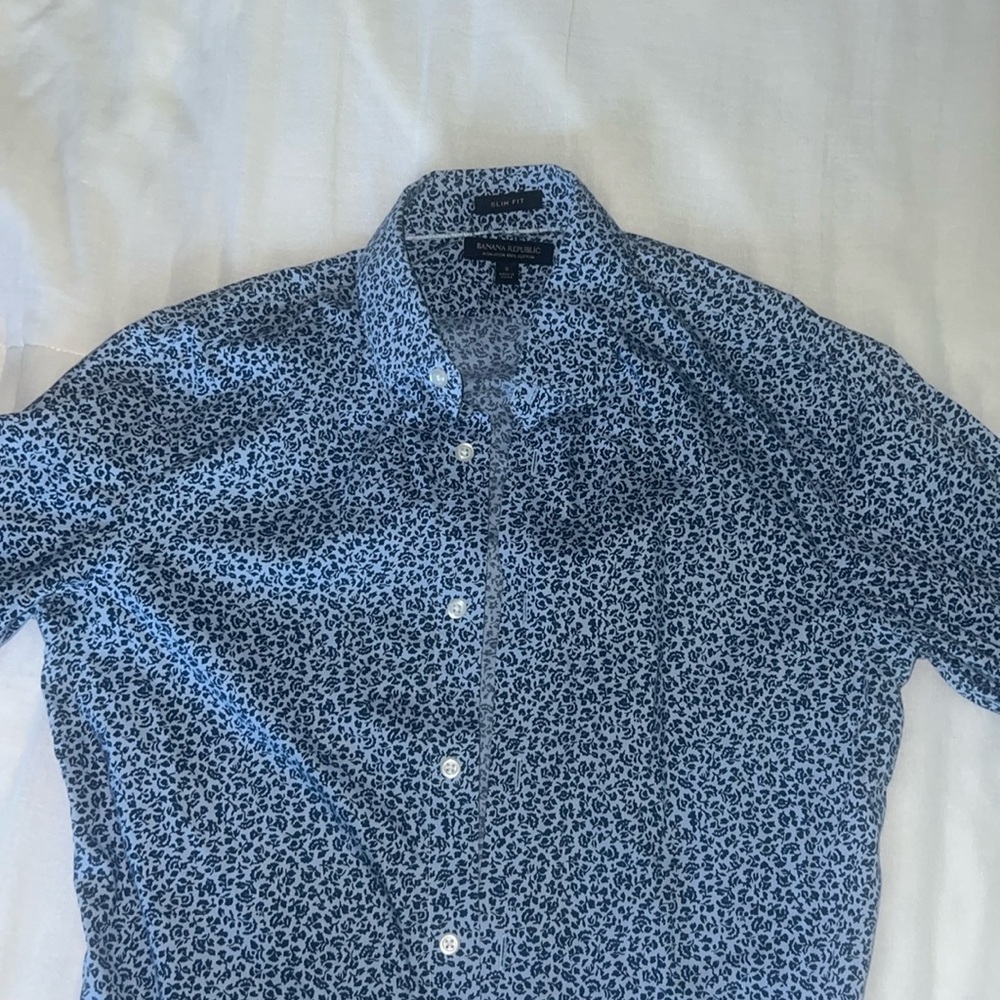 blue floral full sleeve button up.